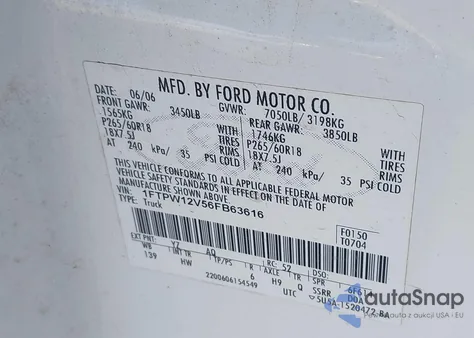 2006 Ford F-150 Lariat/Xlt z USA, uszkodzony, nr VIN 1FTPW12V56FB63616